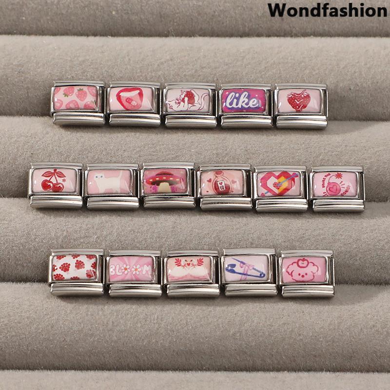 สร้อยข้อมือcharmสไตล์อิตาเลียน สีชมพู ทำจากสแตนเลส ขนาด9มม. เหมาะสำหรับการสวมใส่และตกแต่ง