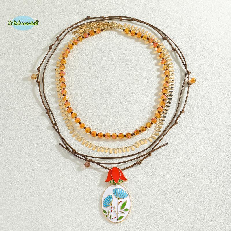 [WLB-t] Boho สไตล์ Handmade ลูกปัด Multi-layer Alloy Drop ภาพวาดสีน้ํามันดอกไม้เรขาคณิตจี้สร้อยคอผู้