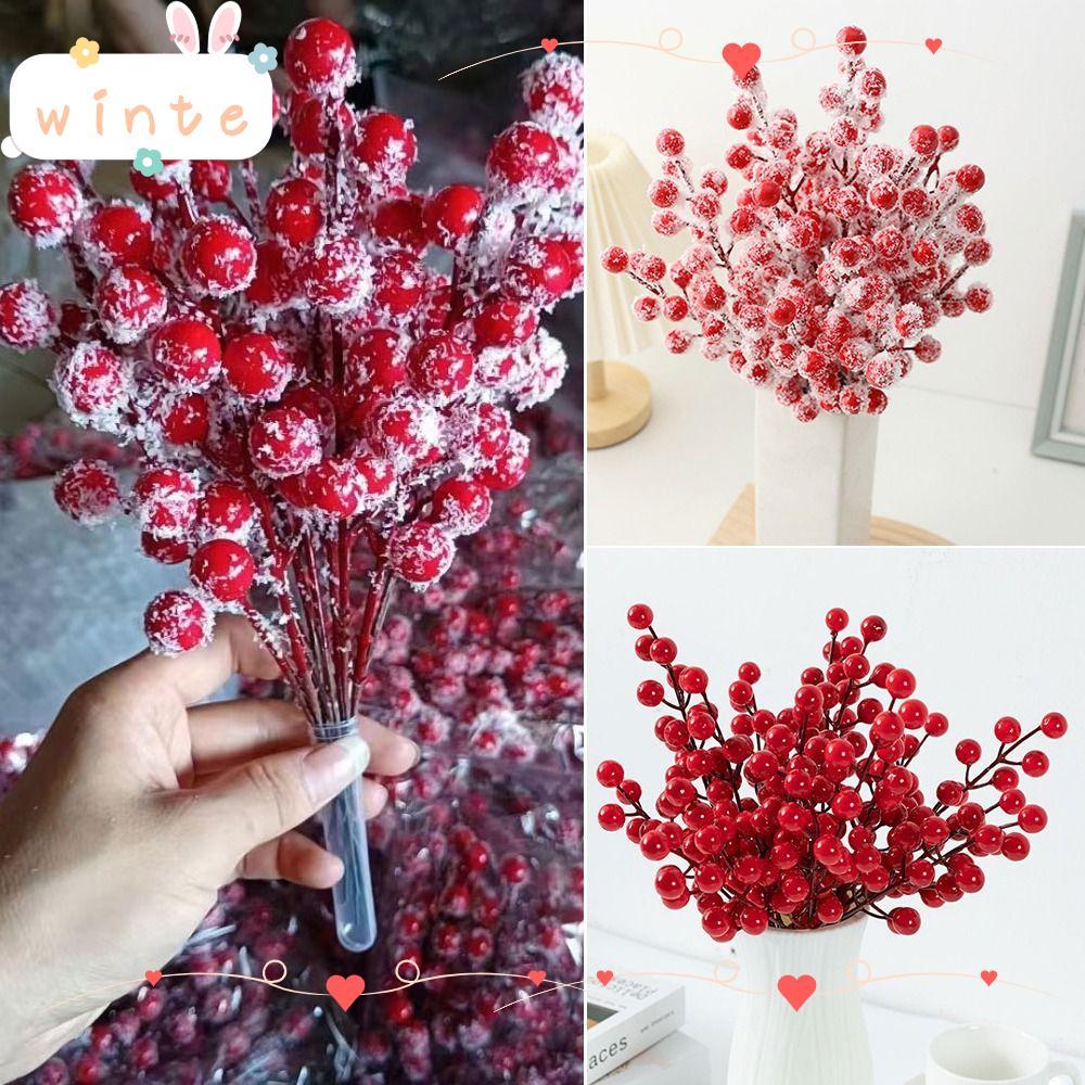 WINTE 10 ชิ้น Red Berries สาขา, สีแดงกับ Frost Christmas Berry สาขา, ตกแต่งบ้านห่อของขวัญดอกไม้ประดิ