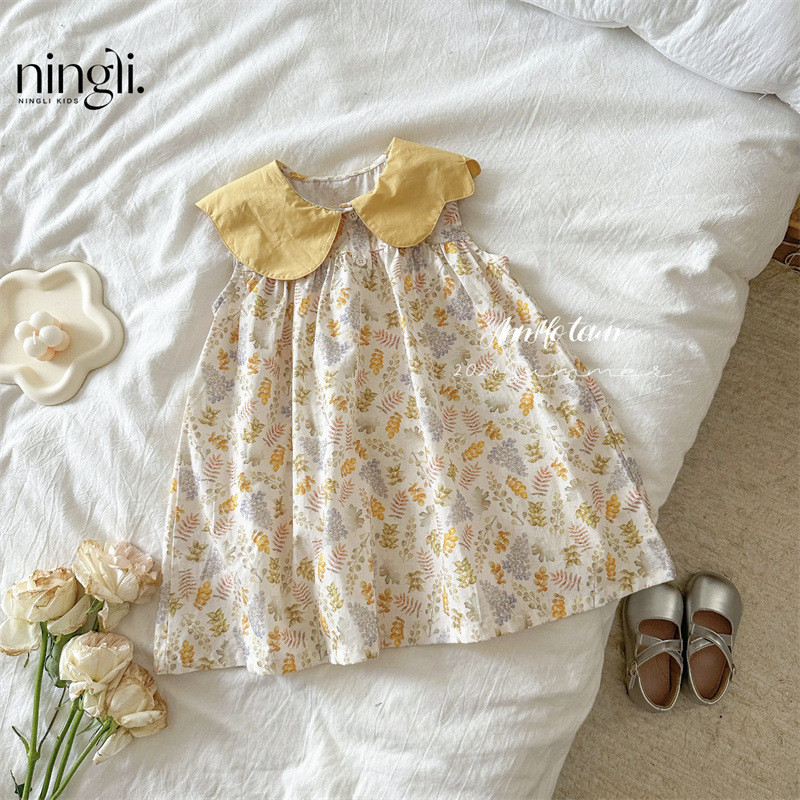 Lemony เวอร์ชั่นเกาหลีเสื้อผ้าเด็กผู้หญิงชุดดอกไม้หวานน่ารักเด็กแขนสั้นกระโปรงตุ๊กตาปก a-Line กระโปร