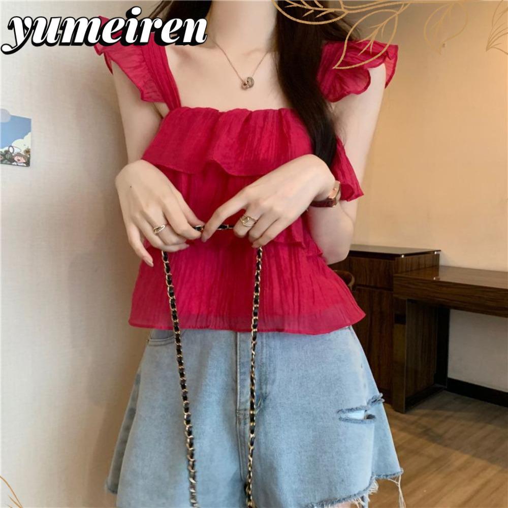 YUMEIREN เสื้อผู้หญิงฤดูร้อน แขนบิน สุดชิค เสื้อติดโบว์ Sling Vest Tank Top Crop Top สไตล์หวาน สำหรับใส่เที่ยวทะเล ใหม่ แฟชั่น