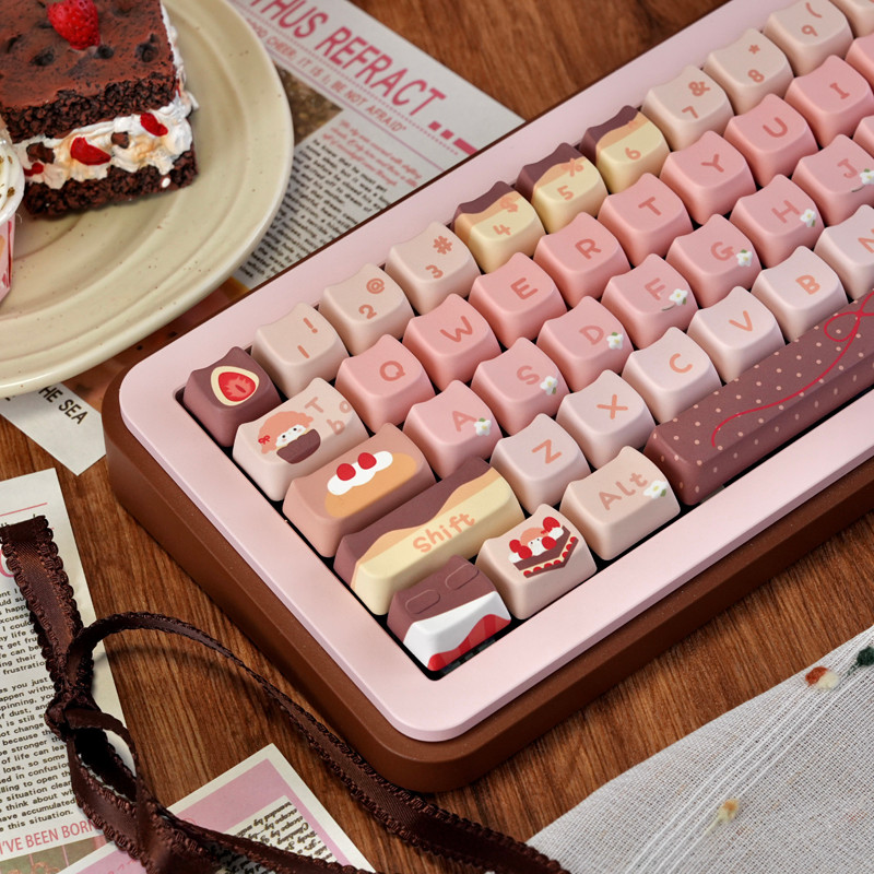 PBT Keycap MAO สตรอเบอร์รี่ช็อกโกแลตกาแฟสีชมพู Themed Keycap ชุดรอบส่วนบุคคล Keycap PBT Dye Sublimation