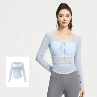 mvp sport เสื้อแขนยาวผู้หญิง เสื้อโยคะ มีแผ่นฟองน้ำเสริมหน้าอกในตัว ดีไซน์ผูกหน้าอก เอวจีบ ผ้าตาข่าย