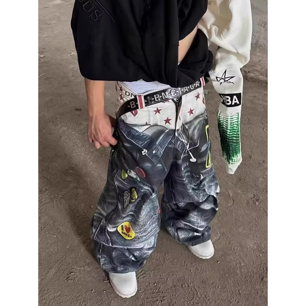 กางเกงยีนส์ผู้ชาย พิมพ์ลายกราฟฟิตี้ สไตล์สตรีท อเมริกัน สำหรับทุกคน - รูปที่ 2