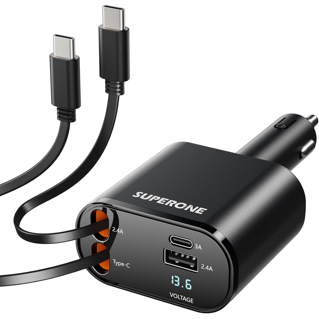 SUPERONE ที่ชาร์จแบตในรถแบบยืดหดได้สําหรับ iPhone พร้อมสาย Type C คู่, 4 in 1 USB C Car Charger Adap