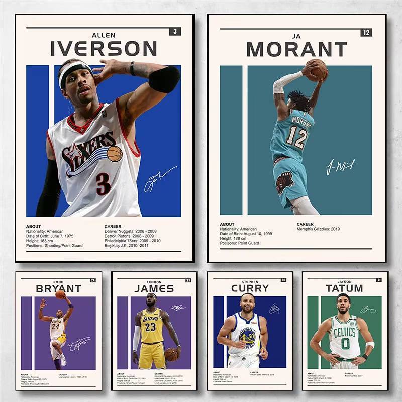 โปสเตอร์นักกีฬาบาสเก็ตบอล Allen Iverson,Kobe Bryant,LeBron James,Stephen Curry Sports Wall Art Man Sports Art ภาพวาดผ้าใบ