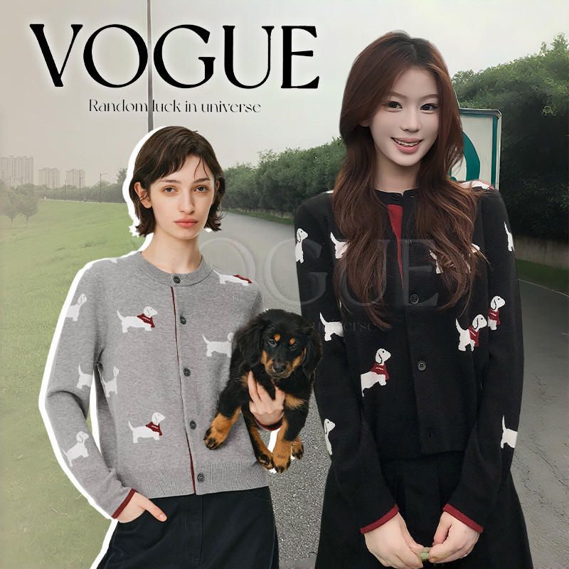 Vogue🌟พร้อมส่ง🌟 เสื้อคลุมไหมพรมแขนยาว คอกลม ดีเทลลายน้องหมาสีเทาดำ (BK57)
