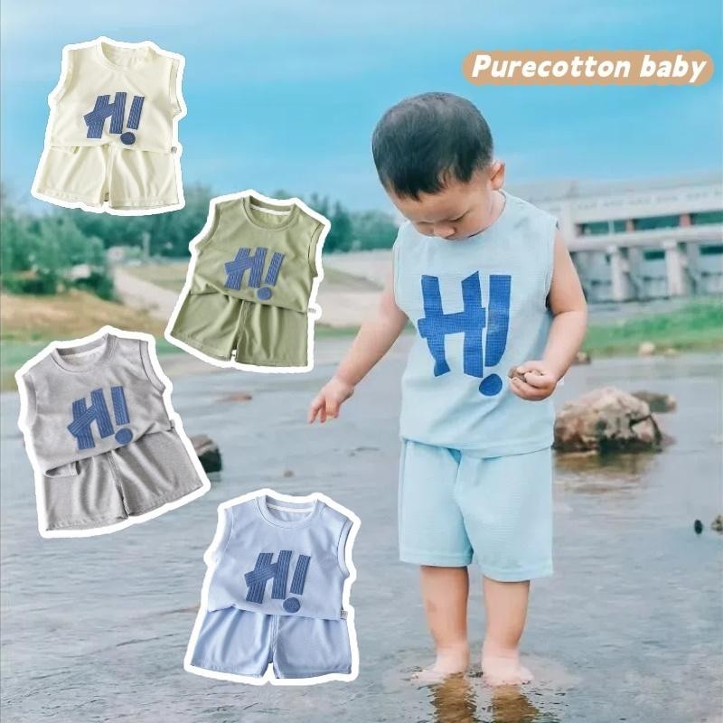 ชุดเด็กแขนกุด เสื้อ + กางเกงขาสั้น ผลิตจากผ้าระบายอากาศคุณภาพสูง เย็นสบาย สไตล์ลำลองสไตล์เกาหลี ไอเทมเด็ดประจำฤดูร้อน!