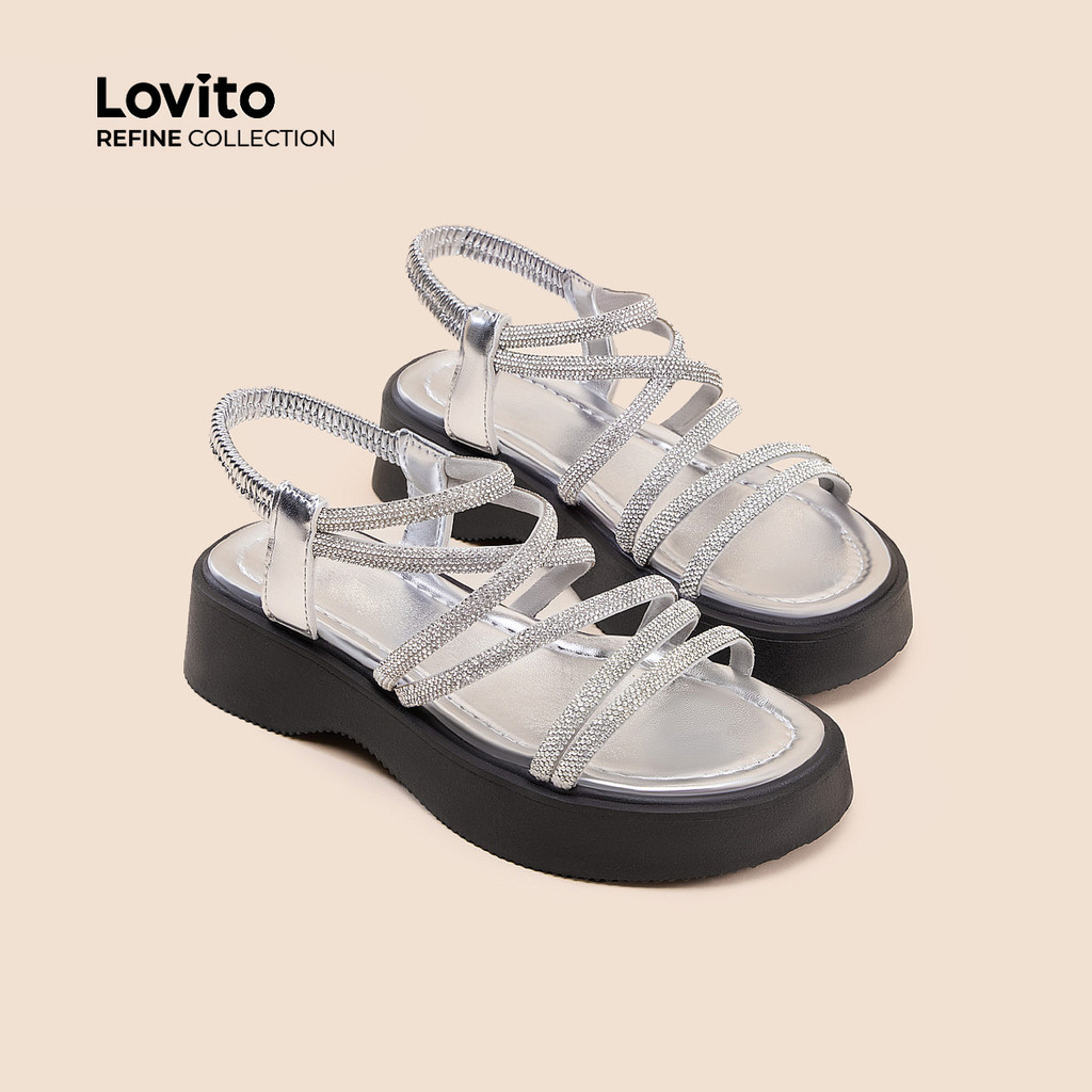 (Lovito Refine) รองเท sandal แบนแบบ casual พร้อมเพชรประกายและฐานรองสูง LR14E451