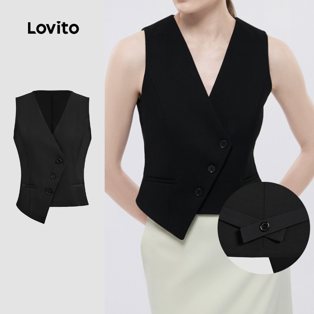 Lovito เสื้อท็อปลําลองปุ่มฤดูใบไม้ผลิ/ฤดูร้อนเสื้อท็อปสีดําสําหรับผู้หญิง L138AD1046