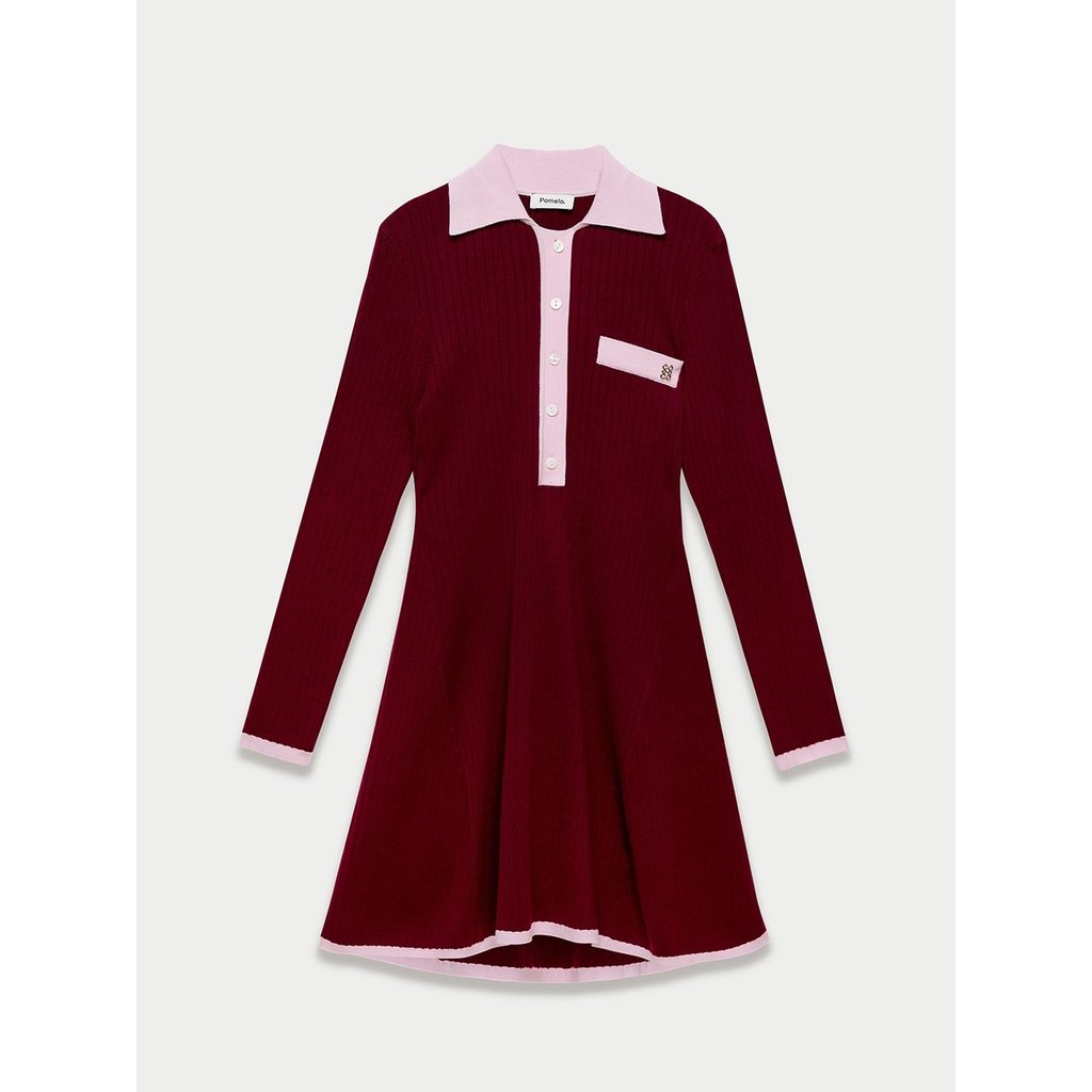 [Pomelo] เดรสโปโลสั้นสไตล์ขอบสีตัดกัน / Contrast Trim Knit Polo Dress