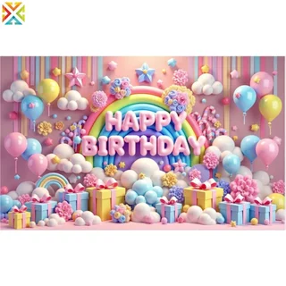 สุขสันต์วันเกิดพื้นหลังแบนเนอร์บอลลูนที่มีสีสันสายรุ้งเมฆเด็กเด็กงานเลี้ยงวันเกิดตกแต่งพื้นหลังผนังฉลองอุปกรณ์ถ่ายภาพ