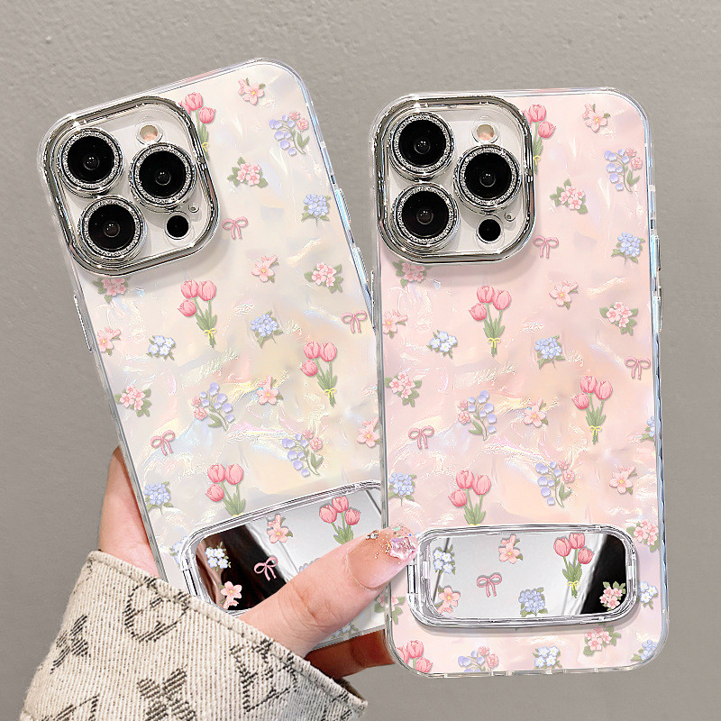 [จัดส่งด่วน] เหมาะสําหรับเคสโทรศัพท์ลายเปลือก Apple 16 17promax ขนาดเล็กสด 15 ความรู้สึกระดับไฮเอนด์ 14 ขายึดกระจกทิวลิป