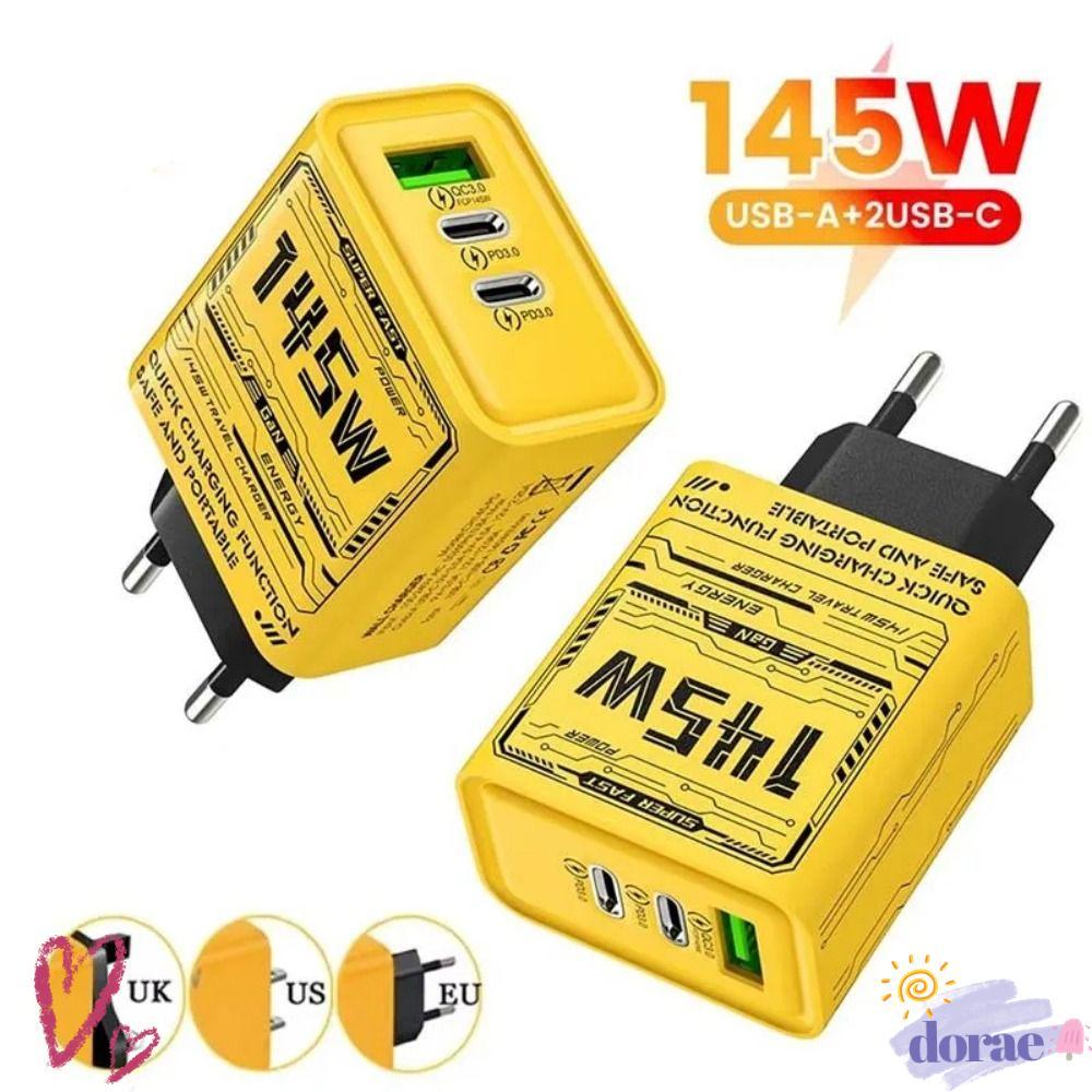 DORAE อะแดปเตอร์ชาร์จโทรศัพท์, USB A+C EU/US/UK 145W GaN ปลั๊กชาร์จ, Fast Charging PD QC3.0 3 พอร์ต 