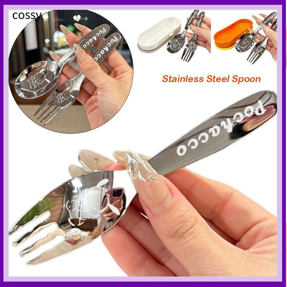 SANRIO คอสซี่ ซานริโอ ช้อนโพชาโค, ช้อนกลมด้ามสั้นช้อนสแตนเลส, ช้อนอาหารเด็กแบบใช้ซ้ําได้ด้ามยาวส้อมชุดน่ารักการ์ตูนช้อนตักผลไม้