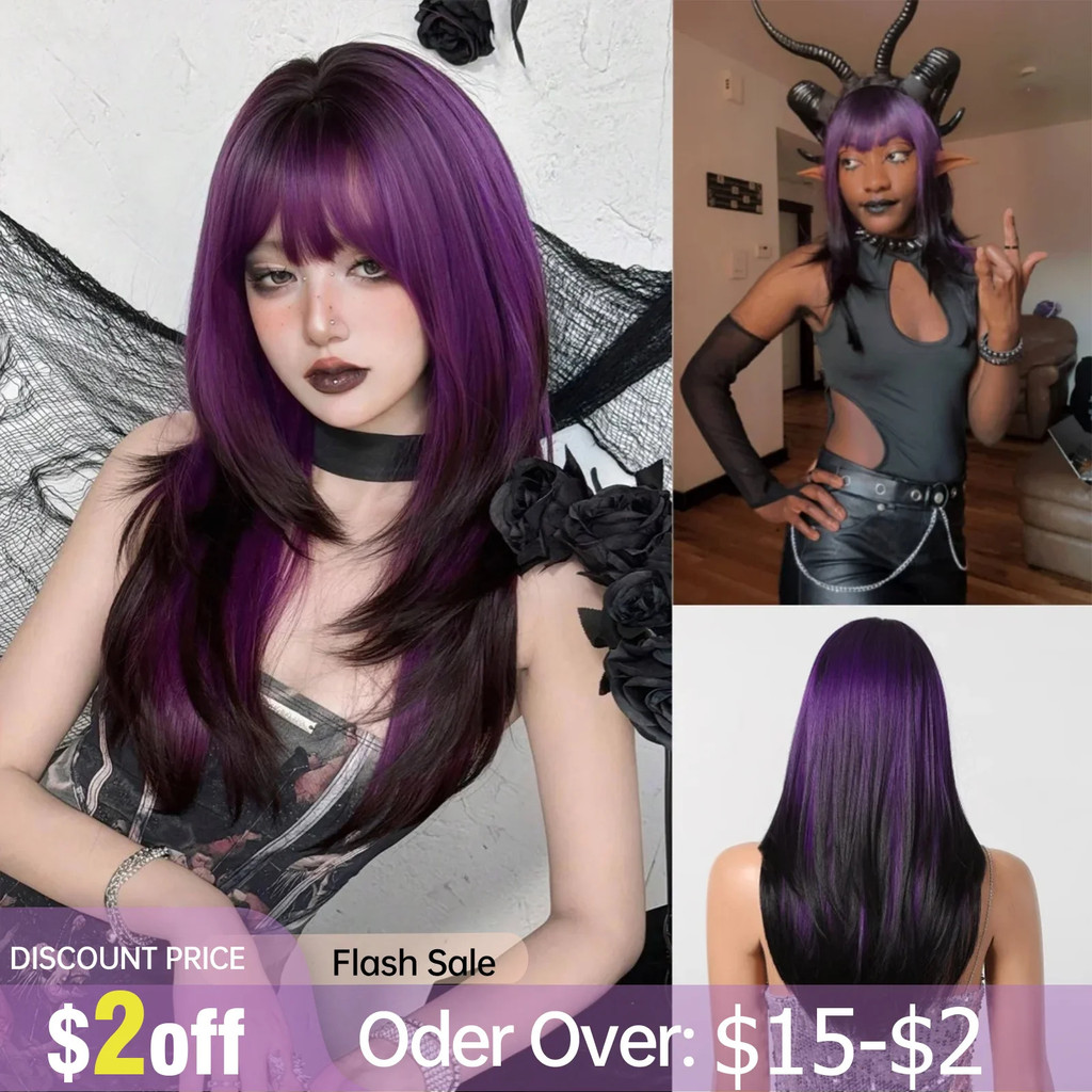 Ombre สีม่วงสีดําวิกผมสังเคราะห์ยาวตรงผมสีม่วงวิกผม Bangs Multicolor คอสเพลย์วิกผมคริสต์มาส Fo