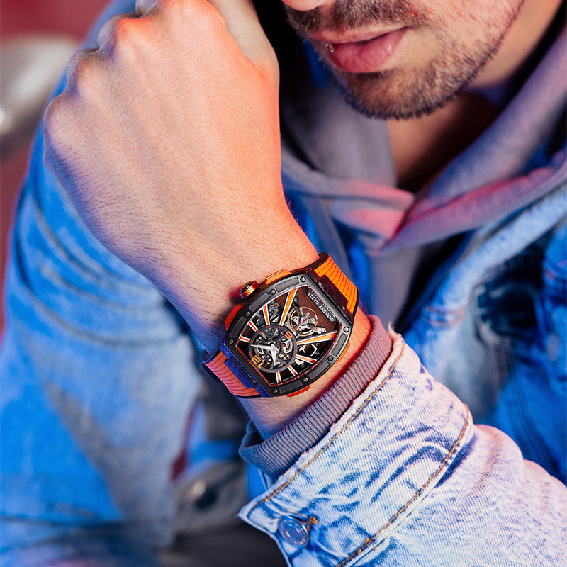 [นาฬิกากลไก] Bugatti Watch Mens Barrel-Shaped Carbon Fiber Cross-Border Sports Watch Automatic Hollo