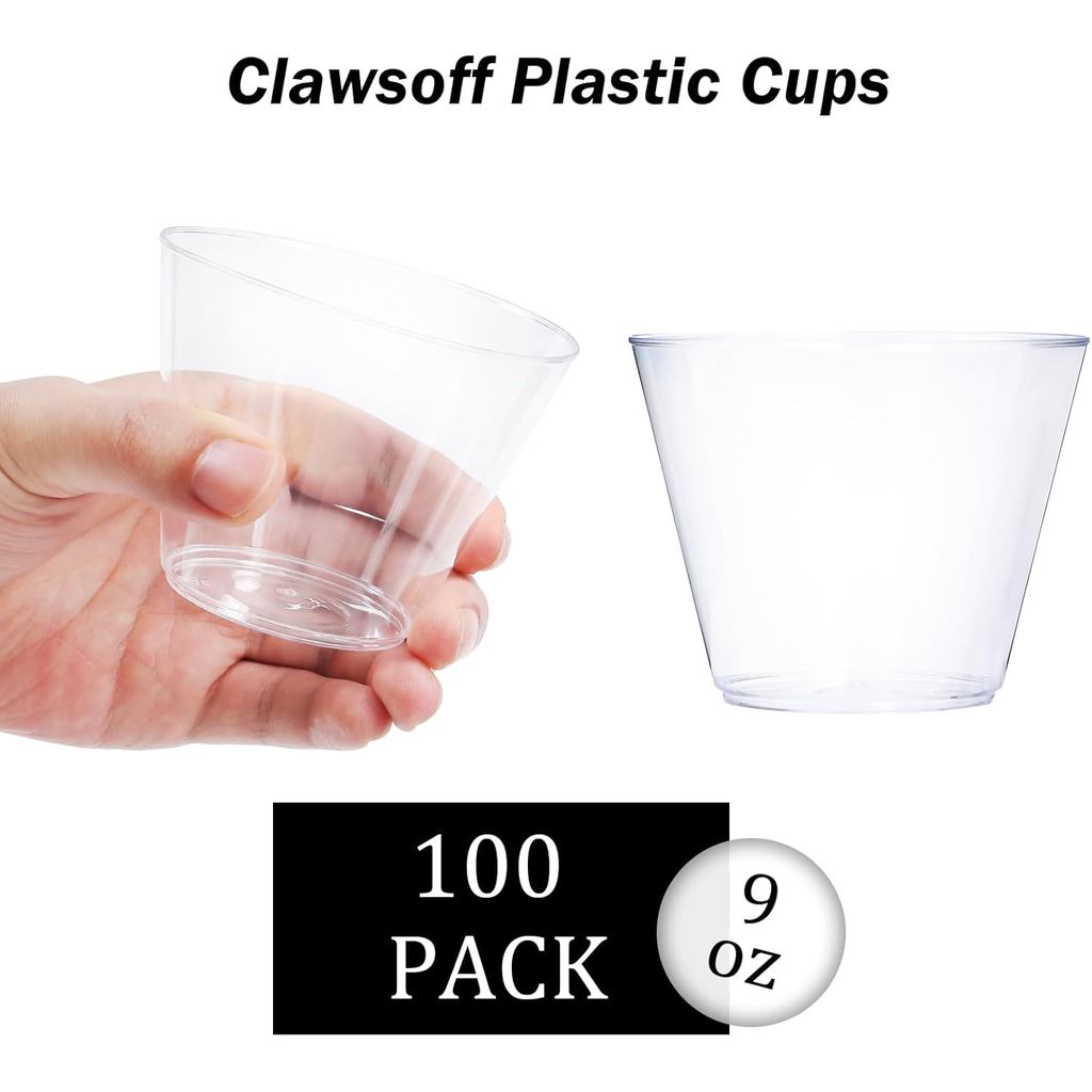 9 oz Clear Plastic Cups, 100 Pack Disposable Fancy Cup for Wedding, Cocktail Cups 9 Ounce, Bulk Clea