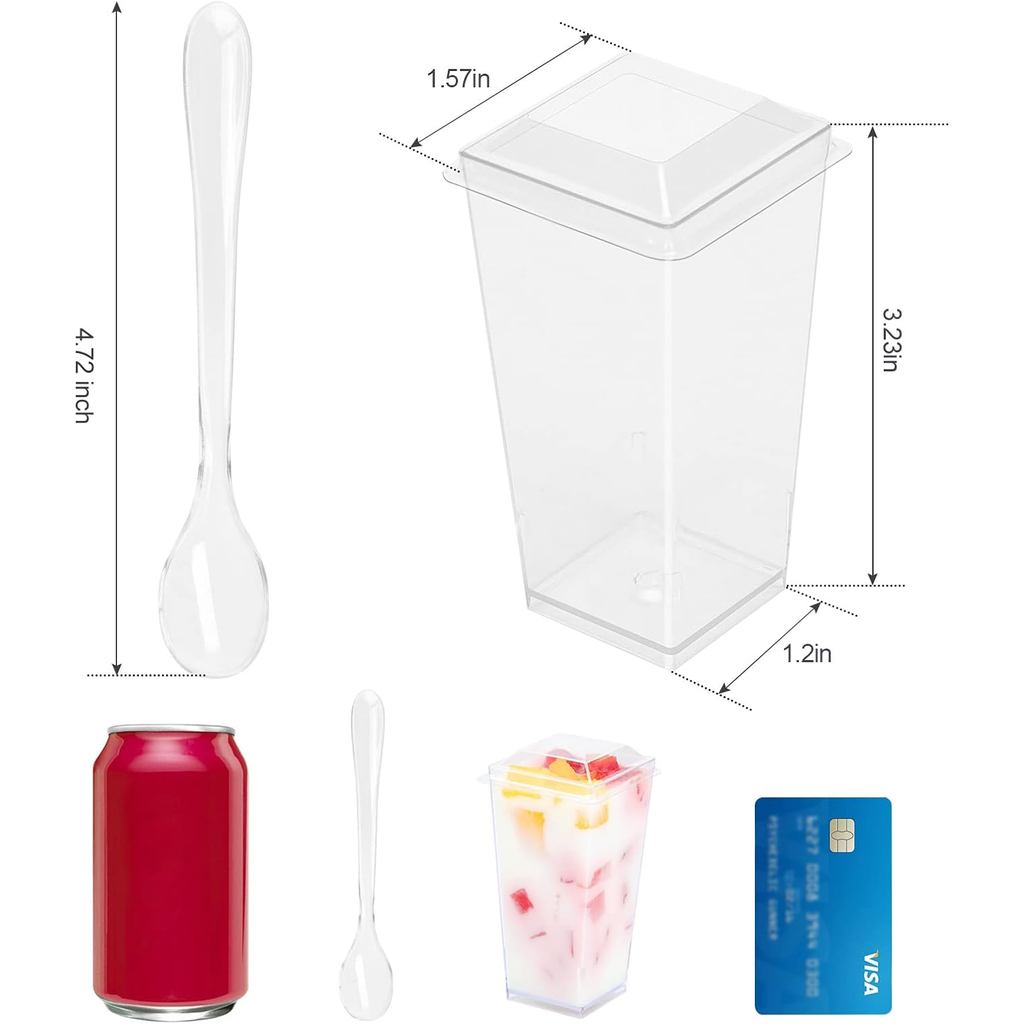 EASERCY 50 Pack 3 oz Square Mini Dessert Cups with Lids and Spoons Clear Dessert Shooter Cups with S