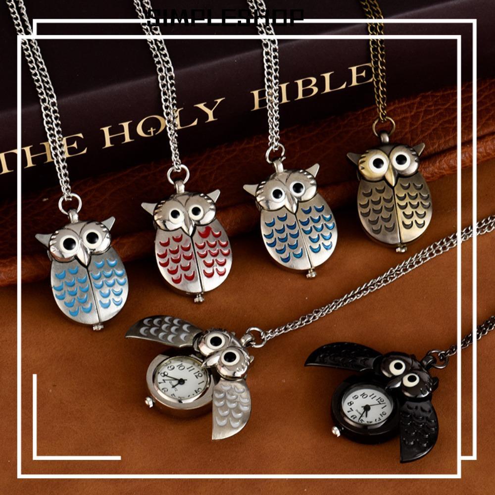 ซิมเพิลช็อป สร้อยคอแขวนนาฬิกา,น่ารักนกฮูกขนาดเล็กพวงกุญแจนาฬิกาพก,แฟชั่นบนโซ่พลิกสไตล์การ์ตูนเด็กนาฬิกาสวมใส่ทุกวัน