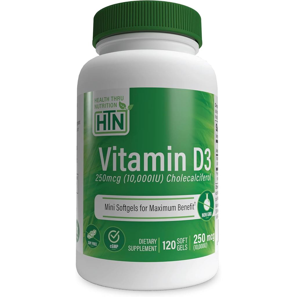 Health Thru Nutrition Vitamin D3 10,000iu 120 Mini Softgels for Maximum Benefit | 250mcg Cholecalcif