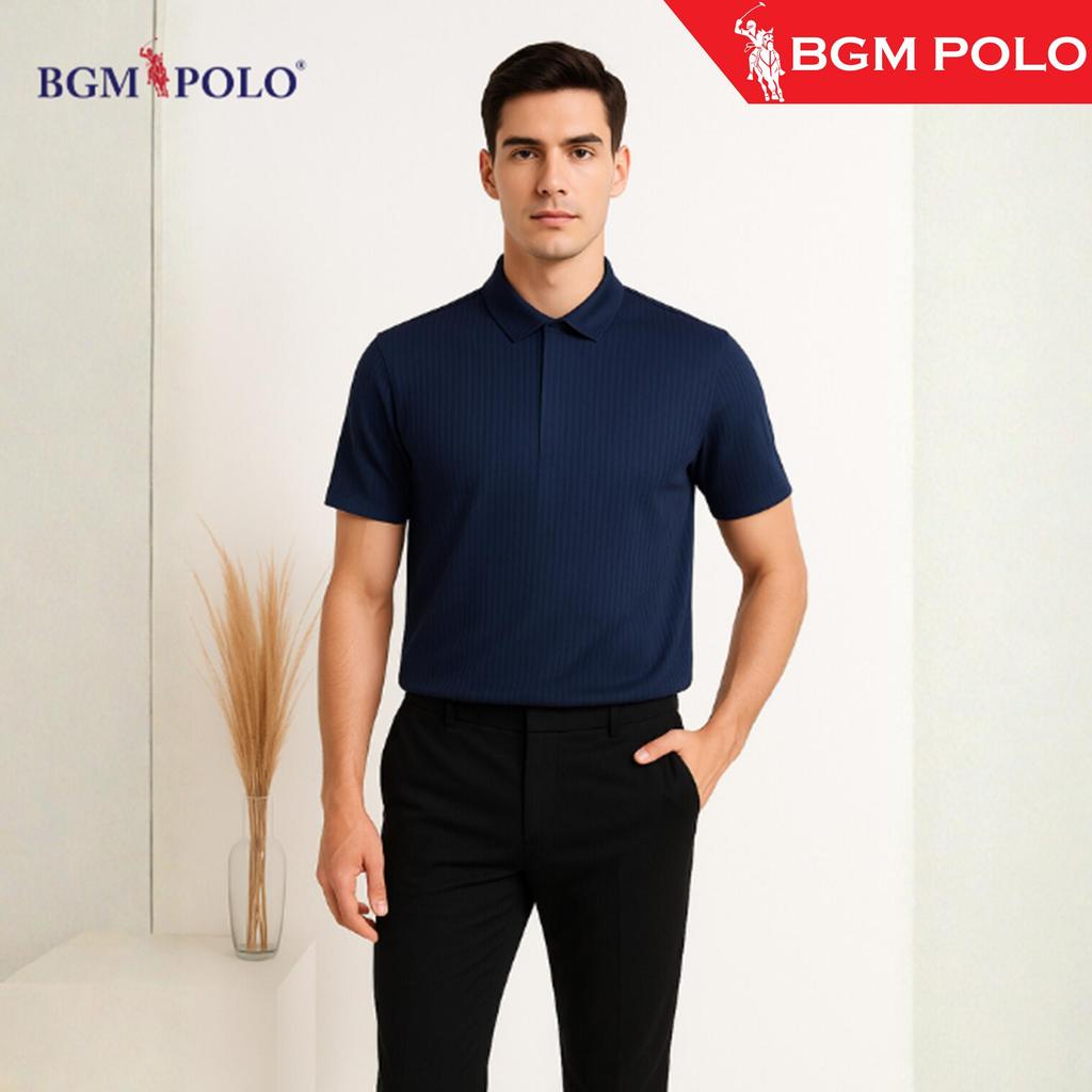 BGM POLO เสื้อโปโลผู้ชาย ICE SILK STRIPED ไม่มีปุ่ม-BP-SIS138SNB-MNCNCTW แขนขาสั้น