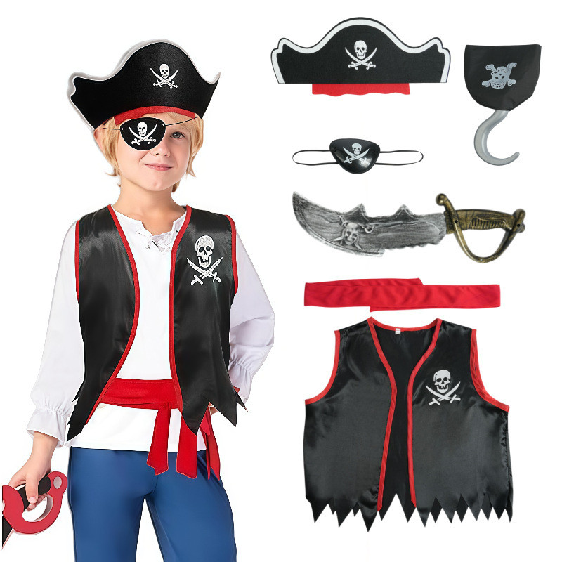 ชุดการแสดงสําหรับเด็กฮาโลวีน ชุดกัปตันแจ็ค เครื่องแต่งกาย Pirates of the Caribbean ชุดเสื้อกั๊ก