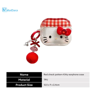 กระเป๋าหูฟัง Hello Kitty AirPods4/3/2/1 ลายตารางสีแดง โบว์AirPodsPro2 ซิลิโคนป้องกันการตกหล่น เคสหูฟังบลูทูธ เหมาะสำหรับ