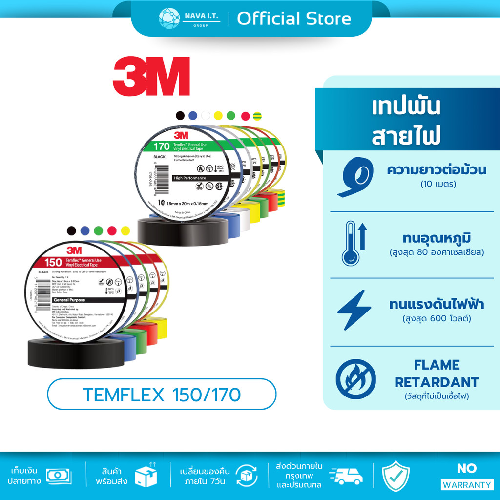 (มีส่งด่วน) 3M เทปพันสายไฟ TEMFLEX 150/170 กว้าง 19 มม. ยาว 10/20 ม. หนา 0.13 มม