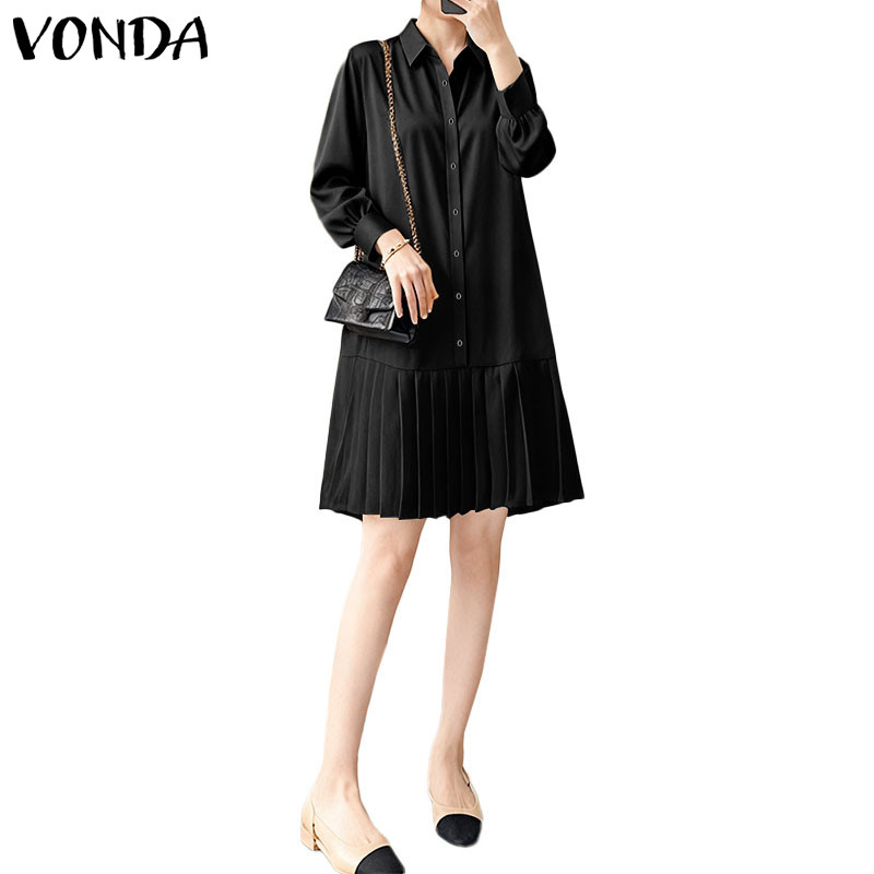 VONDA ผู้หญิงเสื้อสีทึบเกาหลี, แขนยาวแขนพองและชุดเดรสยาว Hem