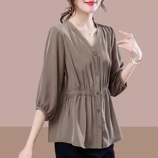 Red Berryเสื้อเบลาส์คอวีแขนสามส่วนสไตล์ฝรั่งเศสสำหรับผู้หญิง ประจำฤดูใบไม้ผลิ/ฤดูใบไม้ร่วงW683