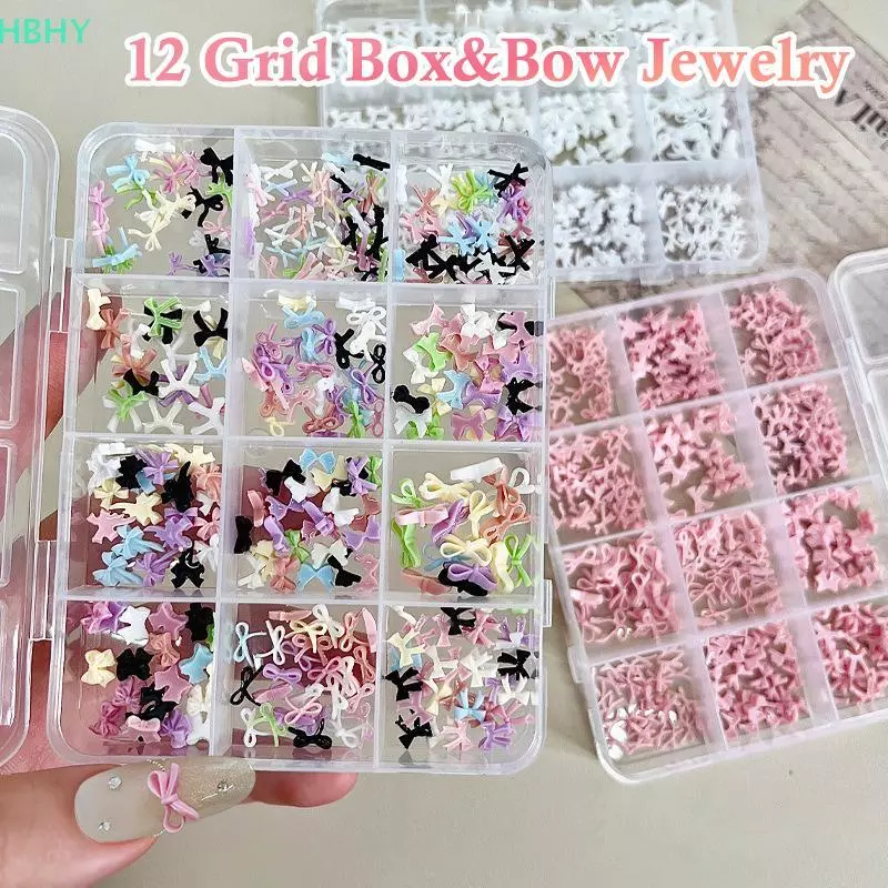 HB 12 กริดสีสัน Bowknot ชุดเรซิ่นริบบิ้นเล็บเครื่องมือตกแต่ง DIY เล็บอัญมณี HY