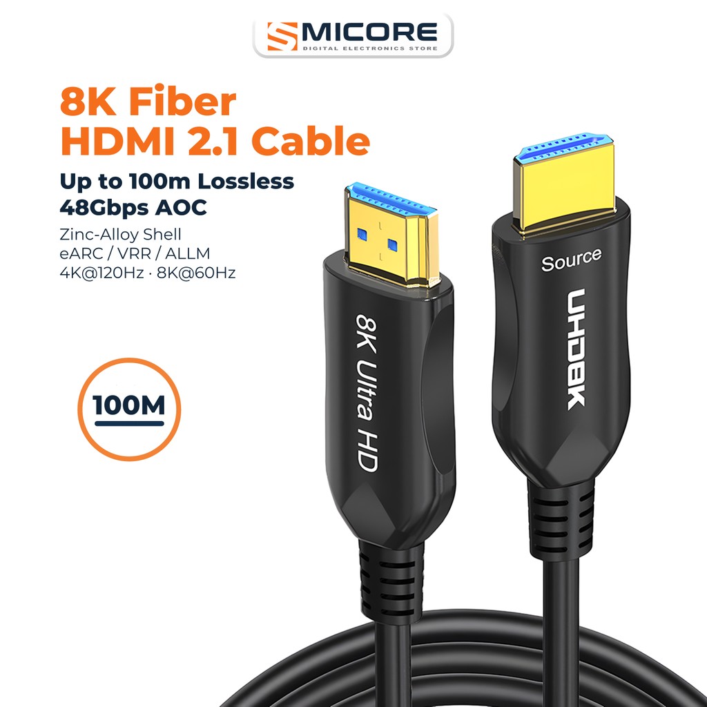 สาย HDMI 2.1 ใยแก้วนำแสง 8K AOC 48Gbps ยาวสุด 100m รองรับ eARC VRR ALLM ใช้กับ TV โปรเจคเตอร์ PS5 Xb