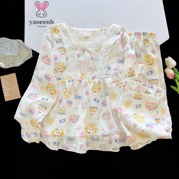 【YAOEENH】ชุดนอนแขนยาวสำหรับเด็กอายุ 105-170ซม. ดีไซน์แบบเมฆจากผ้าฝ้ายและลูกไม้ สไตล์ฤดูใบไม้ผลิและใบไม้ร่วง