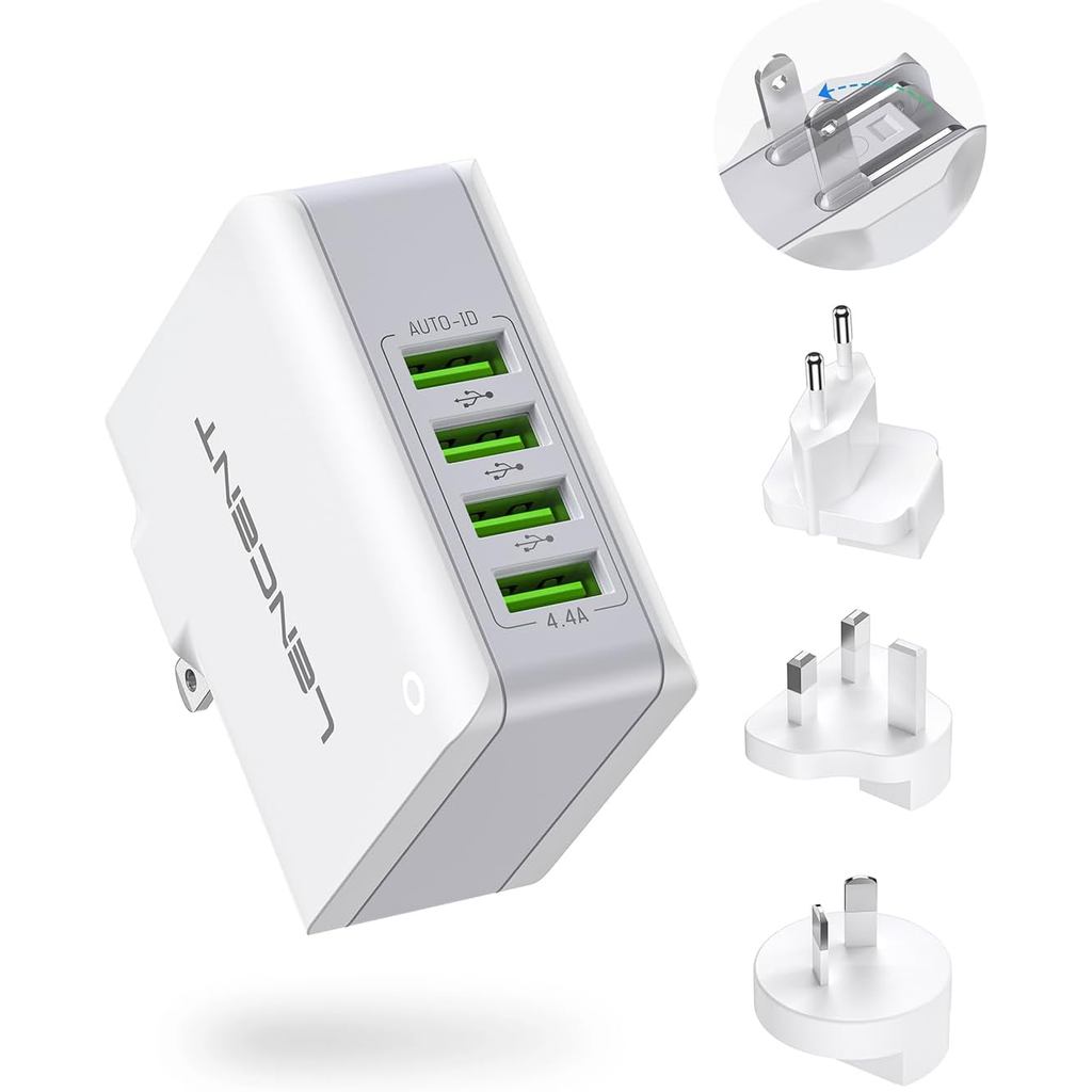 LENCENT Multi USB Wall Charger, [22W/4.4A] 4 พอร์ต USB Travel Power Adapter, All in One Worldwide Ce