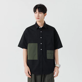 M-3XL เสื้อเชิ้ตแขนสั้นทรงเรียบง่าย คอเสื้อสีบล็อกทันสมัย ​​ทรงหลวม เสื้อคาร์ดิแกนอเนกประสงค์สำหรับผู้ชาย
