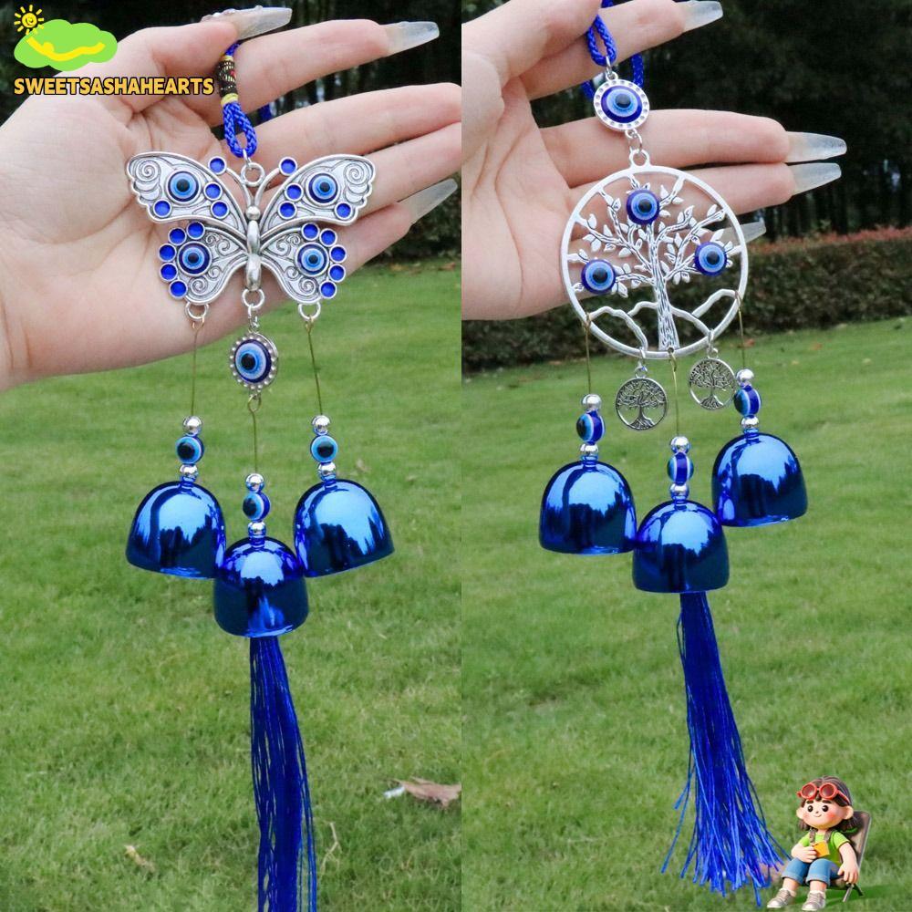 SWEETSASHA กระดิ่งลมโลหะ, ลานสวนตกแต่ง Lucky Charm แขวนเครื่องประดับ, Retro Blessing Blue จี้ลมตีระฆังตกแต่งบ้าน