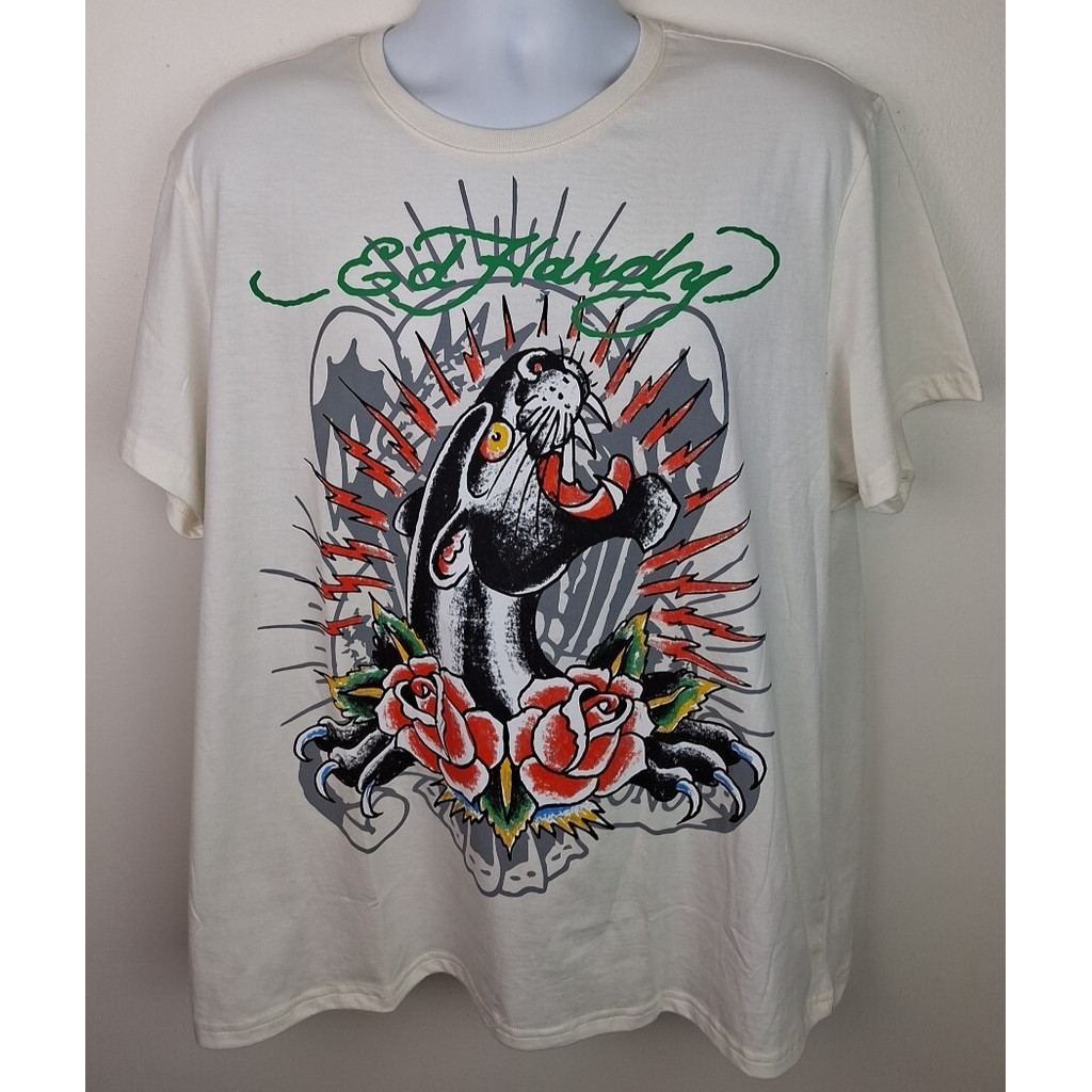 เสื้อยืด ED Hardy ฝ้ายบริสุทธิ์ 100%, ลายเสือแพนเธอร์และโลโก้, สไตล์ที่เหมาะสำหรับทั้งผู้ชายและผู้หญ