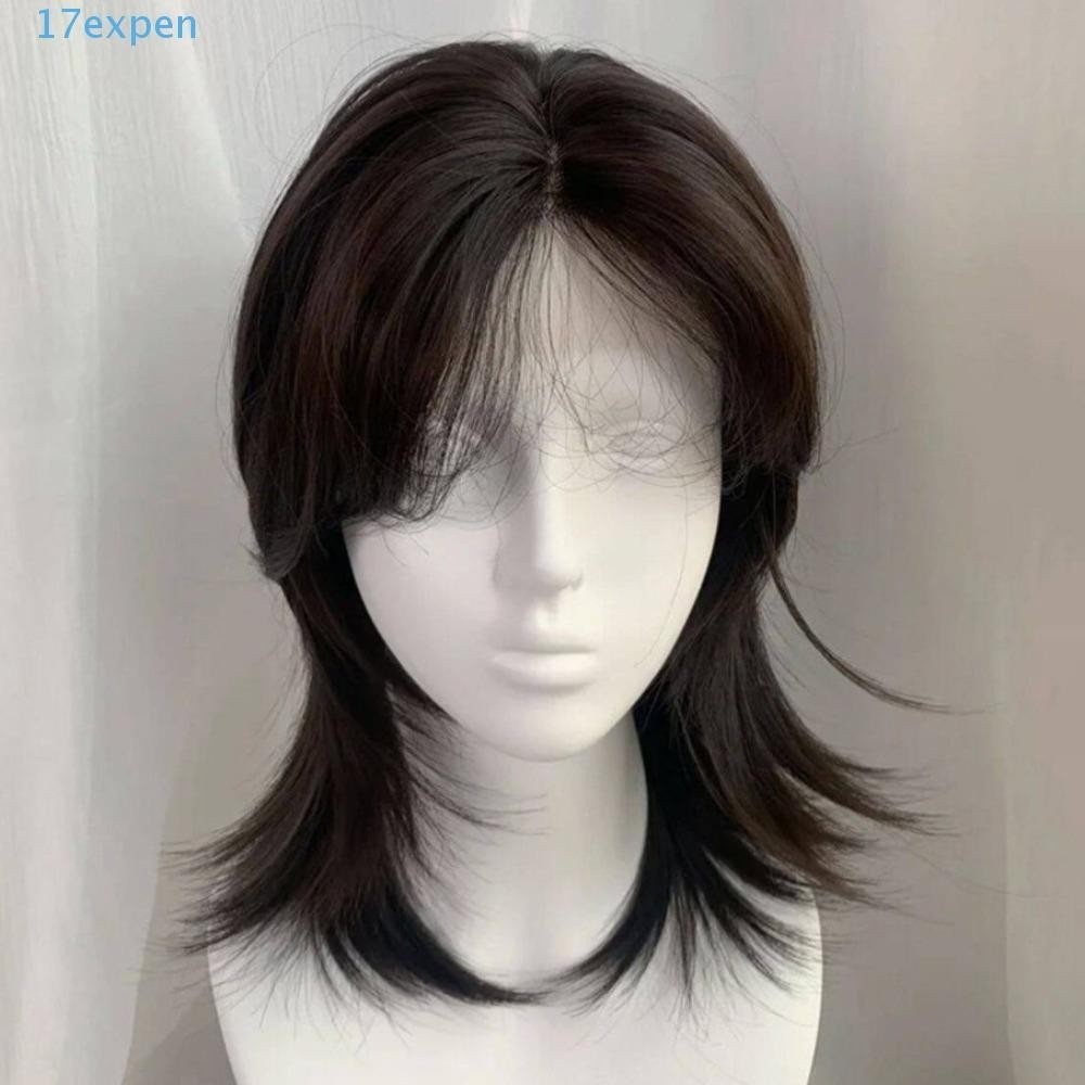 Expen Synthetic Cosplay Wig Short Straight Fluffy Mullet Smooth Full Layered White Gold Lace Front A