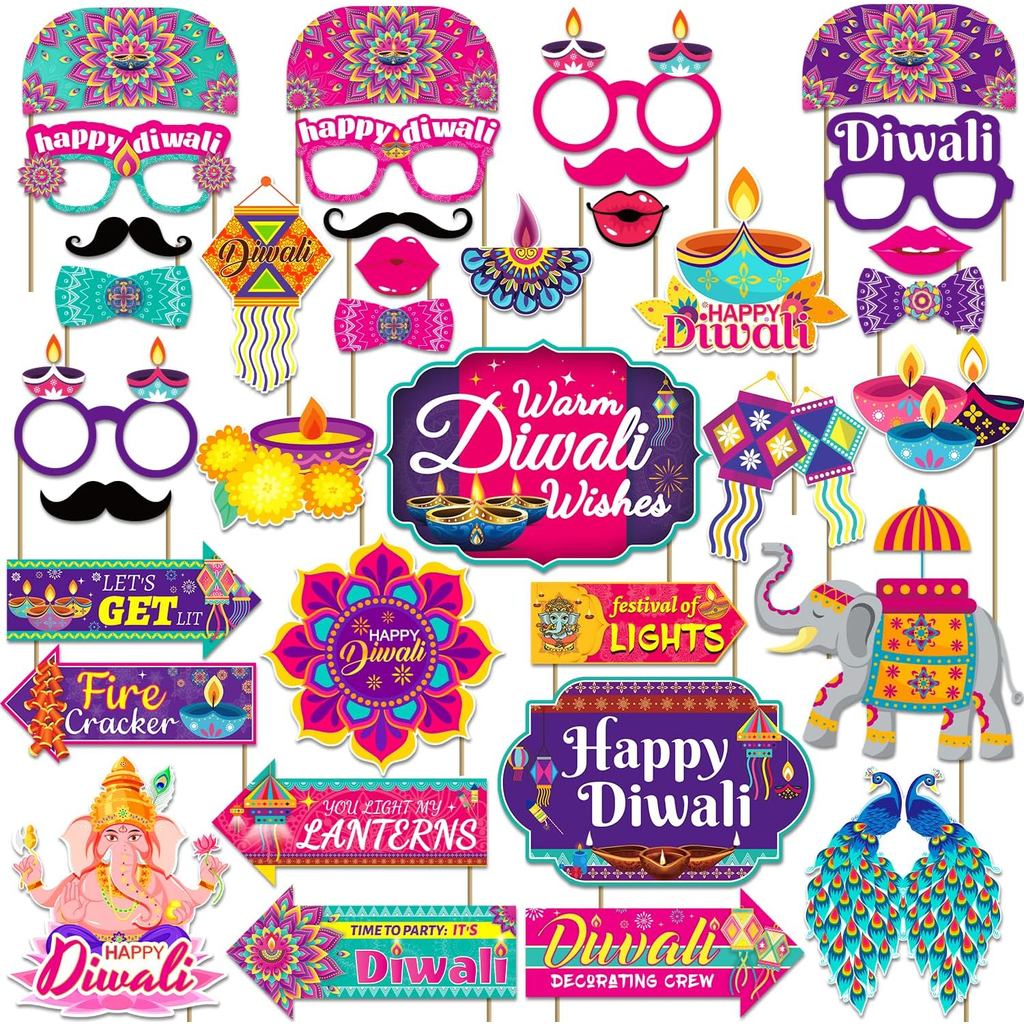 36 ชิ้น Diwali ตกแต่ง Happy Diwali Photo Booth Props, Diwali ตกแต่งสําหรับ Home Diwali Party Photo B
