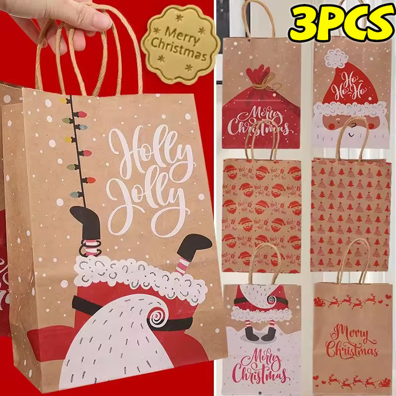 Christmas Serise Kraft Paper Tote Bag - Festival Element Elk Santa Claus Decor ถุงบรรจุภัณฑ์ของขวัญ 