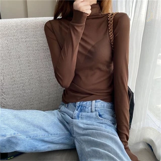 เสื้อเชิ้ตแขนยาว คอเต่า ผ้าโปร่ง แต่งลูกไม้ แบบบาง สุดเซ็กซี่ สําหรับผู้หญิง กันuv