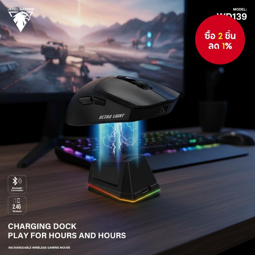 เมาส์เกมมิ่งไร้สาย WD139 พร้อมแท่นชาร์จ RGB, ชาร์จแม่เหล็ก, น้ําหนักเบา เหมาะสําหรับเกมเมอร์ PC/Mac/