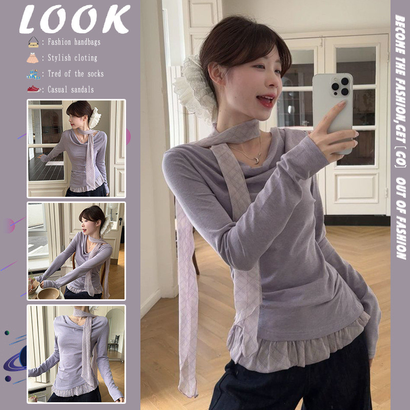 Pure Desire Windy Collar เสื้อยืดแขนยาวผู้หญิงฤดูใบไม้ร่วง Niche Design Feel Streamer ปลอมสองชิ้น Ch