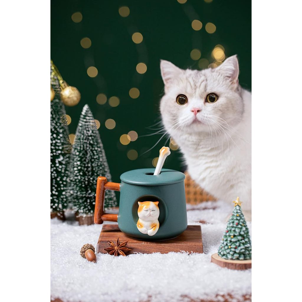 DIHOclub Adorable 3D Ceramic Cat Mug with Lid and Spoon - Perfect for Coffee, Tea, Milk, and More - 