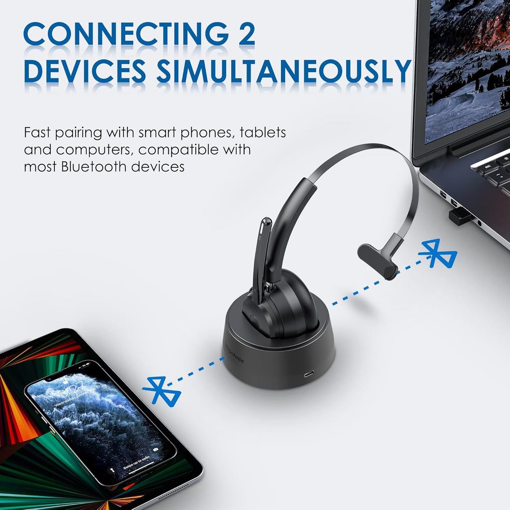 Bluetooth Headset, Wireless Headphone with Microphone, On Ear Bluetooth with USB Dongle for Office C