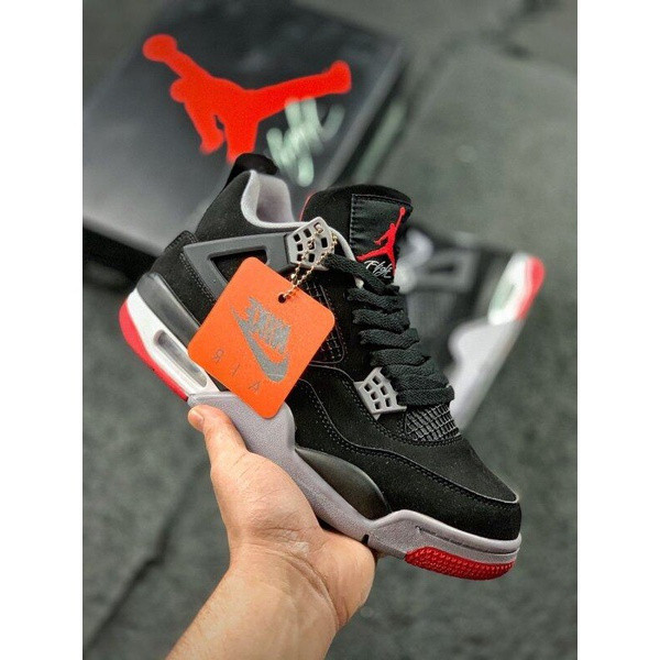Nike Flagship Air Jordan4 Retro Bred AJ4 รองเท้าบาสเก็ตบอล Unisex สีดํา