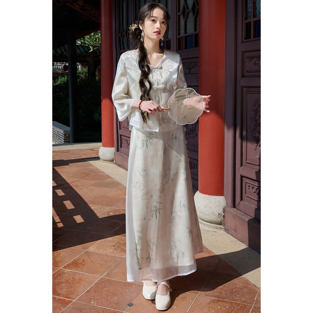 ใหม่จีนคลาสสิก V คอพิมพ์สาม Quarter Cufflinks Retro สไตล์จีน Hanfu ปรับปรุงกระโปรงผู้หญิงชุด 11.3