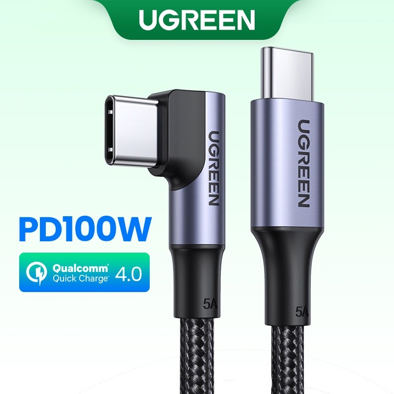 UGREEN 100W/60W 5A สาย USB C ถึง USB C มุมขวา PD Fast Charge Type C 90 องศาสายเคเบิลข้อมูล