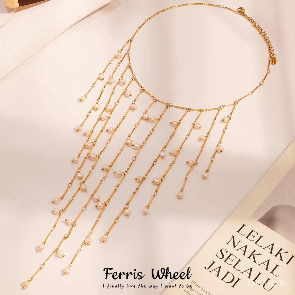 สร้อยคอน้ำหนักเบาแบบ Multi-Layer สแตนเลส ออกแบบเหมือนล้อฟีร์ริส พู่ และลูกปัดธรรมชาติ โมเดล PPB4